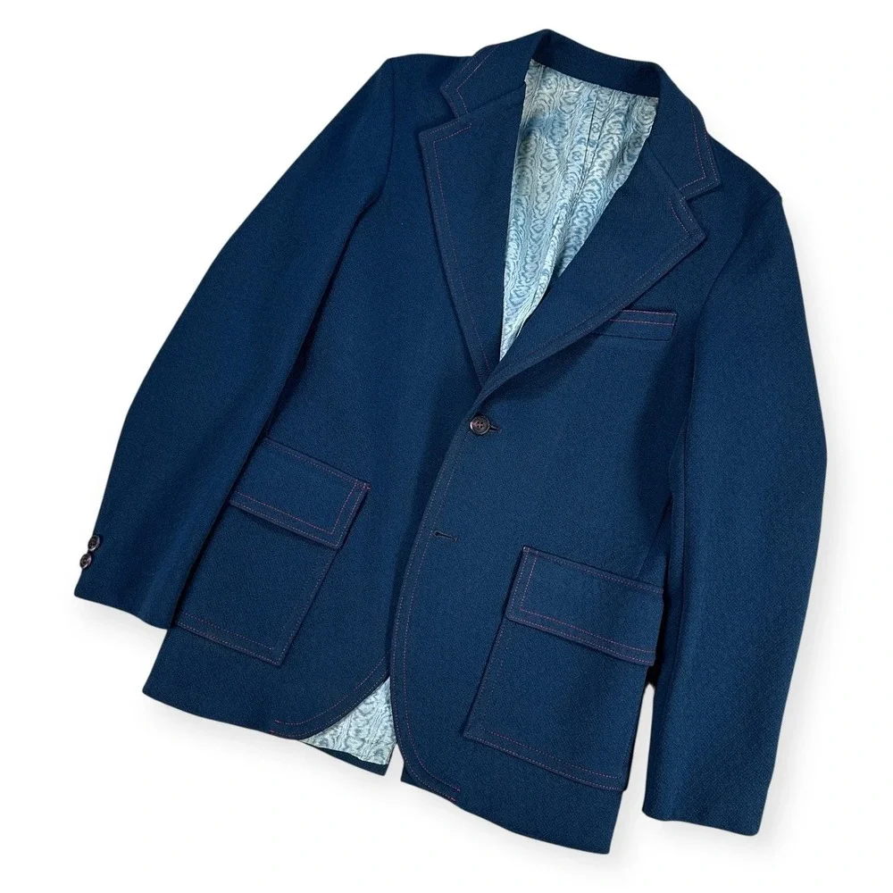 Vintage Tony Kent Mens Navy Blue Blazer‎ Red Contrast Stitch Textured Jacket